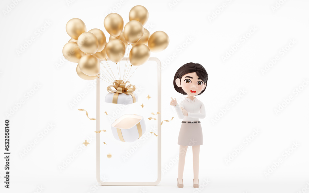 Obraz premium Cartoon girl with gift box, 3d rendering.