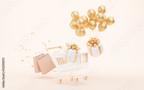 Shopping cart with gift boxes, 3d rendering.