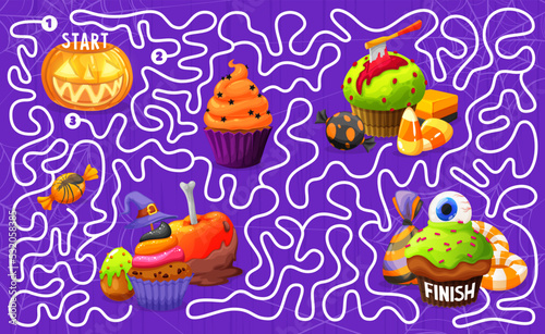 Labyrinth maze. Halloween pumpkin a sweets, cookie and cakes. Children maze puzzle, kids search path quiz vector worksheet with cupcake, chocolate egg and jelly candy Halloween holiday creepy desserts
