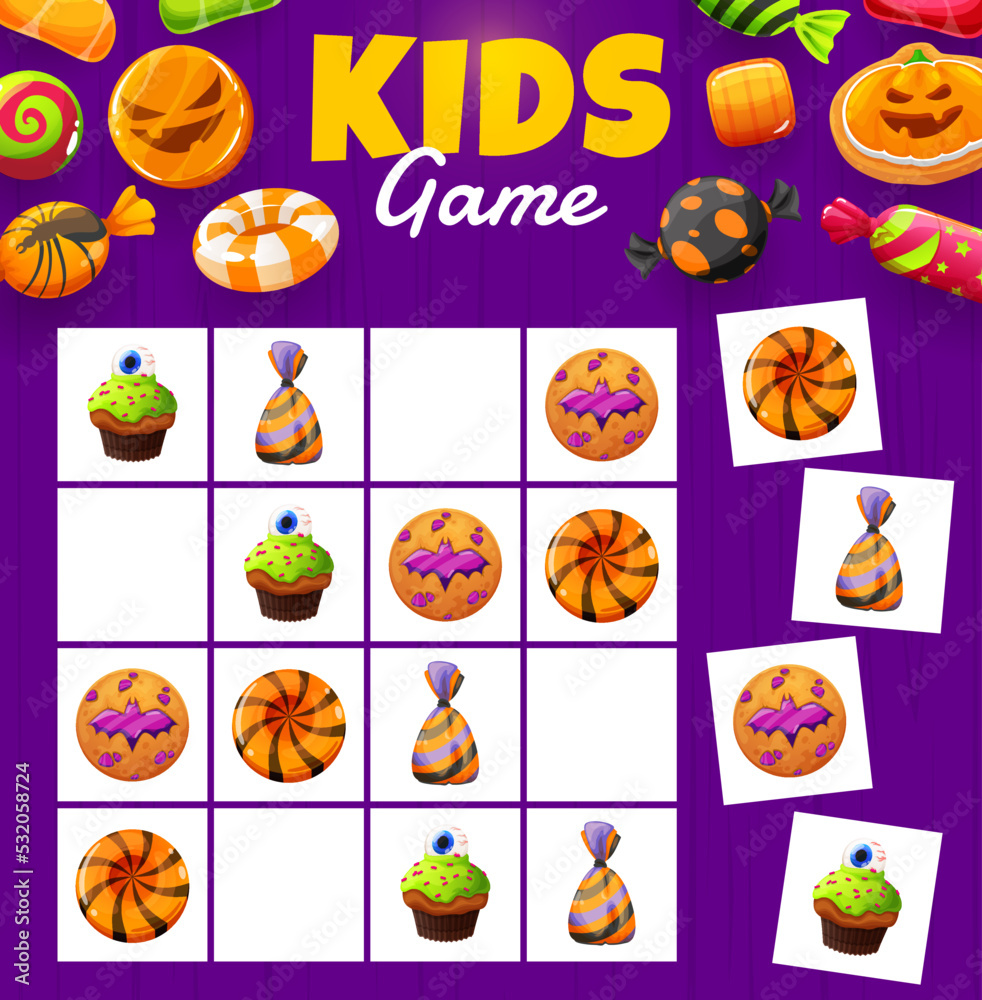 Halloween sudoku game. Sweets, cookie and cakes. Kids intelligence puzzle, rebus quiz or sudoku game vector worksheet with Halloween spooky cookies, chocolate and jelly candies, sweet cupcakes