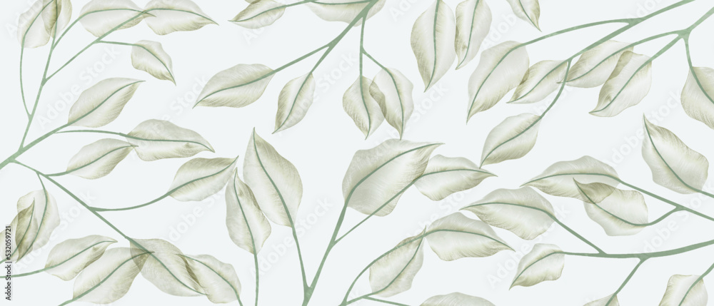 Abstract art background with transparent leaves on tree branches in art line style. Botanical minimalistic banner for textile design, wallpaper, print, packaging, fabric, invitations.
