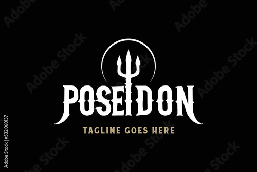 Vintage Retro Trident Poseidon Text Word Type Font Lettering Calligraphy Logo Design Vector