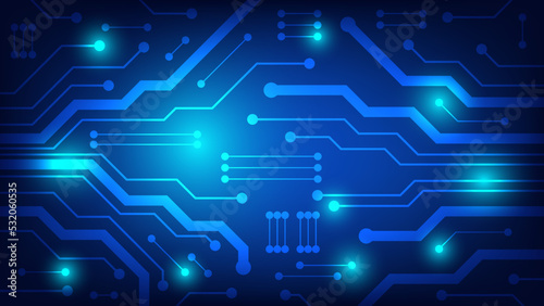 Hi tech digital circuit board. AI pad and electrical technology lines on blue lighting background