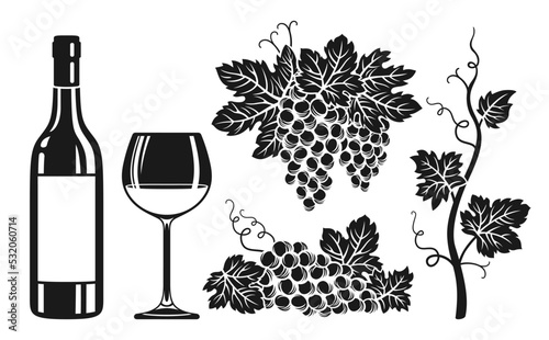 Wineglass and bottle engraving set. Wine products, vine grapes vintage ink shape etching hand drawn design. Wine, champagne bottles alcohol bar, advertisement spirits design for cafe restaurant vector