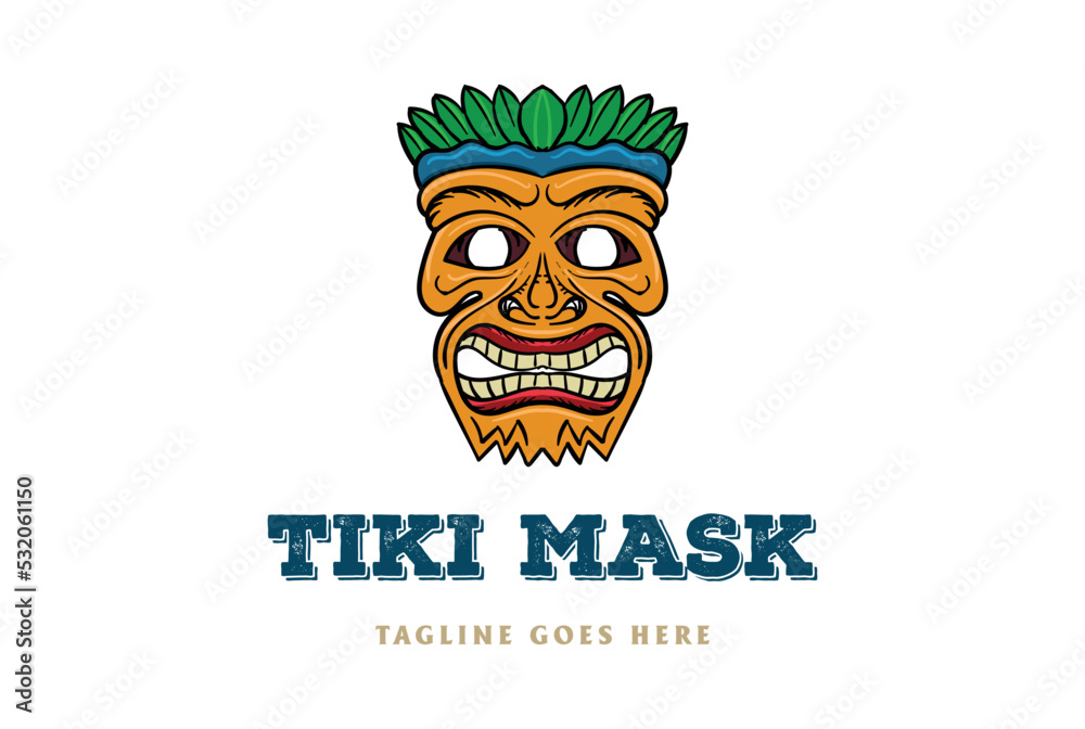 Vintage Hawaiian Wooden Tiki Bar Mask Face Logo Design Vector - obrazy, fototapety, plakaty 