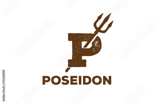 Vintage Retro Initial Letter P with Trident Spear Fork for Poseidon Neptune God Logo Design