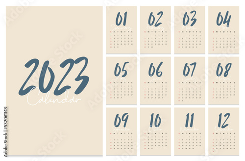 2023 printable monthly calendar template design, week starts on Sunday minimal style