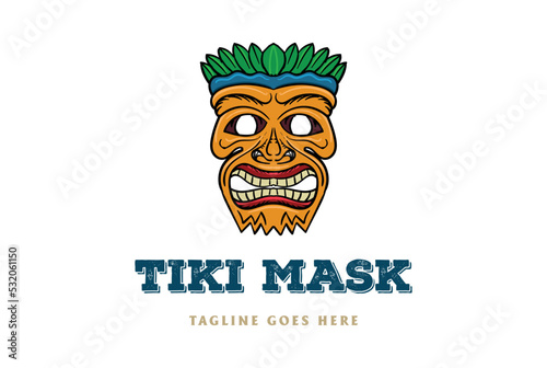 Vintage Hawaiian Wooden Tiki Bar Mask Face Logo Design Vector