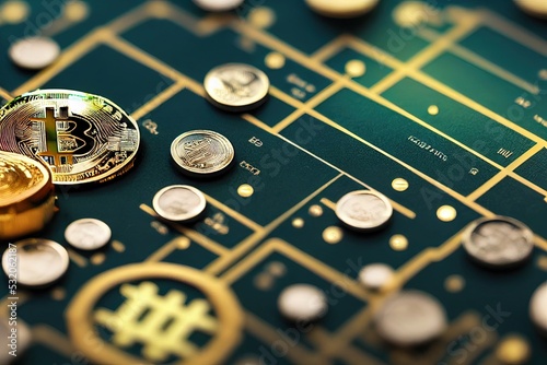 Bitcoin cryptocurrency digital art featuring Bitcoin and gold circuitry. 