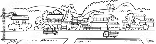 のどかな農村風景　モノクロ　イラスト素材
