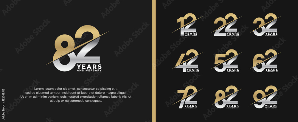 set of anniversary logotype gold and silver color on black background for celebration moment
