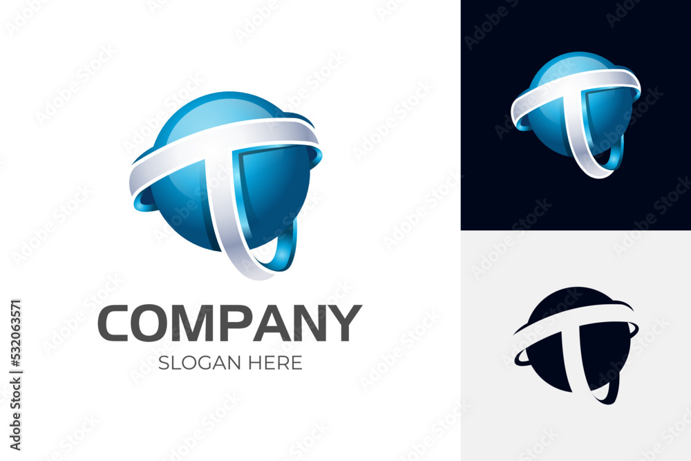 abstract metal blue letter T globe logo design gradient style vector symbol with circle globe design elements for business technology logo - obrazy, fototapety, plakaty 