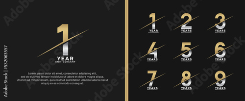 set of anniversary logotype gold and silver color on black background for celebration moment photo