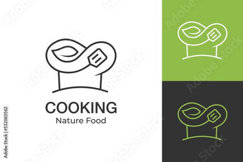 nature chef Cooking logo design line style vector symbol icon design with cap, leaf and spatula design elements for healthy food, vegetables, vegetarian