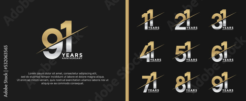 set of anniversary logotype gold and silver color on black background for celebration moment