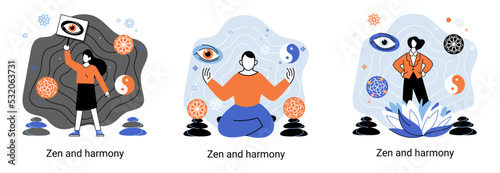 Zen and harmony metaphor, meditation practice. Balance, relaxation, mindfulness. Calm person relaxing. Yoga and spiritual practice, relax, recreation, healthy lifestyle. Japanese cult of mind and body