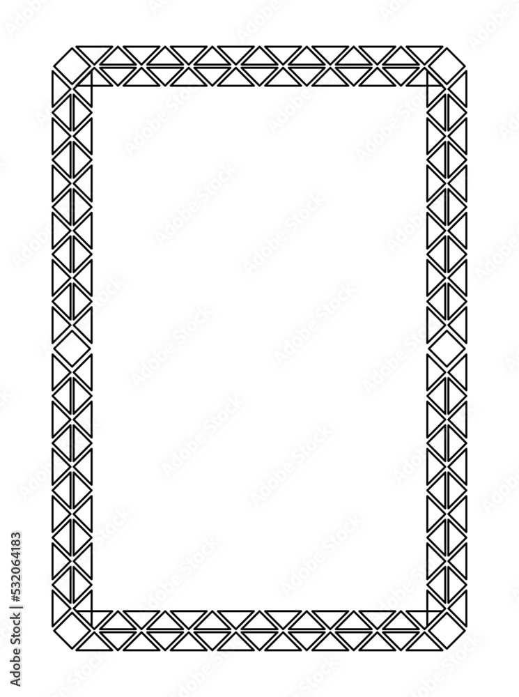 Decorative linear frame. Beautiful geometric border with triangles, rhombuses and sharp corners. Design element for greeting cards or posters. Cartoon flat vector illustration in doodle style