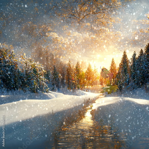 First snow ,Autumn leaves fall , sunshine  winter  landscape snowy trees sun beam on forest trees branch covered by snow river water reflection  nature landscape © Aleksandr