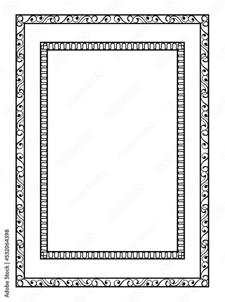 Decorative linear frame. Beautiful thin border with two rectangles and ornate wavy or curved patterns. Design element for greeting cards or posters. Cartoon flat vector illustration in doodle style