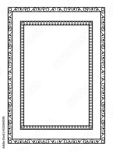 Decorative linear frame. Beautiful thin border with two rectangles and ornate wavy or curved patterns. Design element for greeting cards or posters. Cartoon flat vector illustration in doodle style