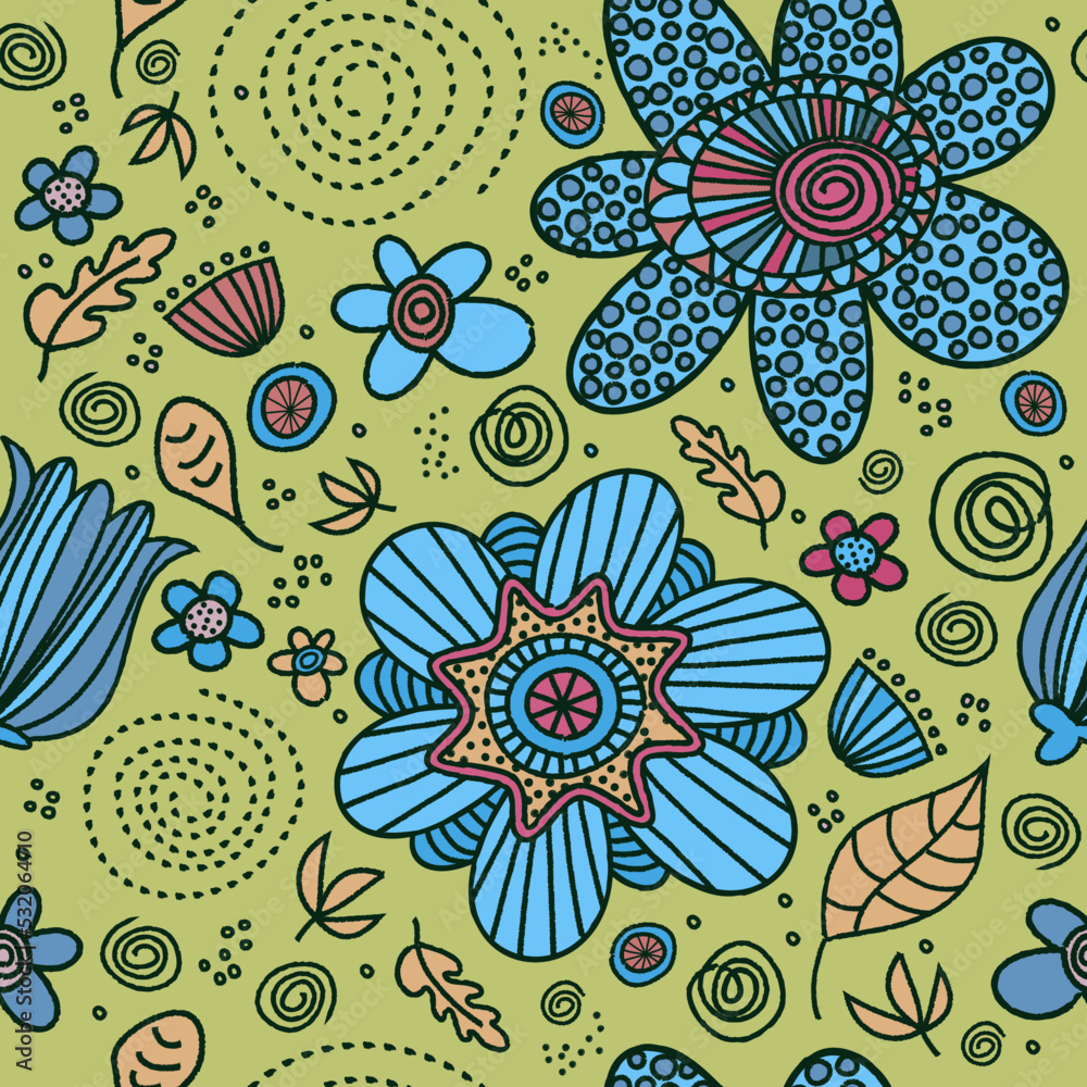 Naklejka premium Colored Big Doodle Flowers & Leaves Blue & Green