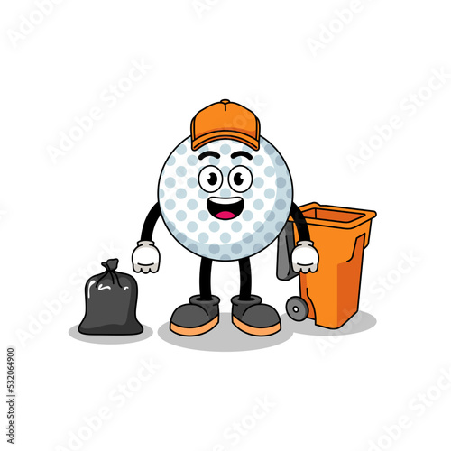 Illustration of golf ball cartoon as a garbage collector