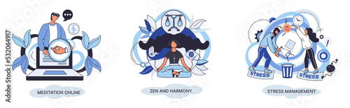 Meditation online. Self-management, self regulation learning, self-organization course, control over emotions metaphor Online yoga at home meditating. Deals with stress management, zen and harmony