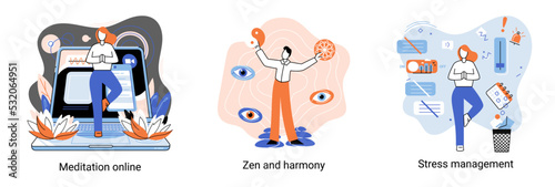 Meditation online. Self-management, self regulation learning, self-organization course, control over emotions metaphor Online yoga at home meditating. Deals with stress management, zen and harmony