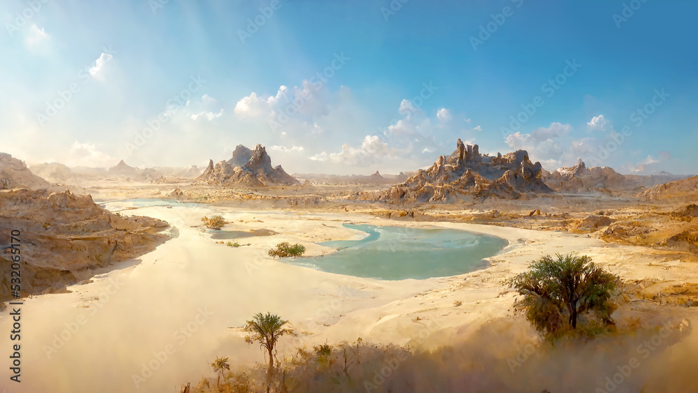 Desert landscape, digital illustration, blue sky