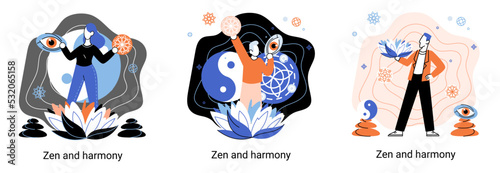 Zen and harmony metaphor, meditation practice. Balance, relaxation, mindfulness. Calm person relaxing. Yoga and spiritual practice, relax, recreation, healthy lifestyle. Japanese cult of mind and body