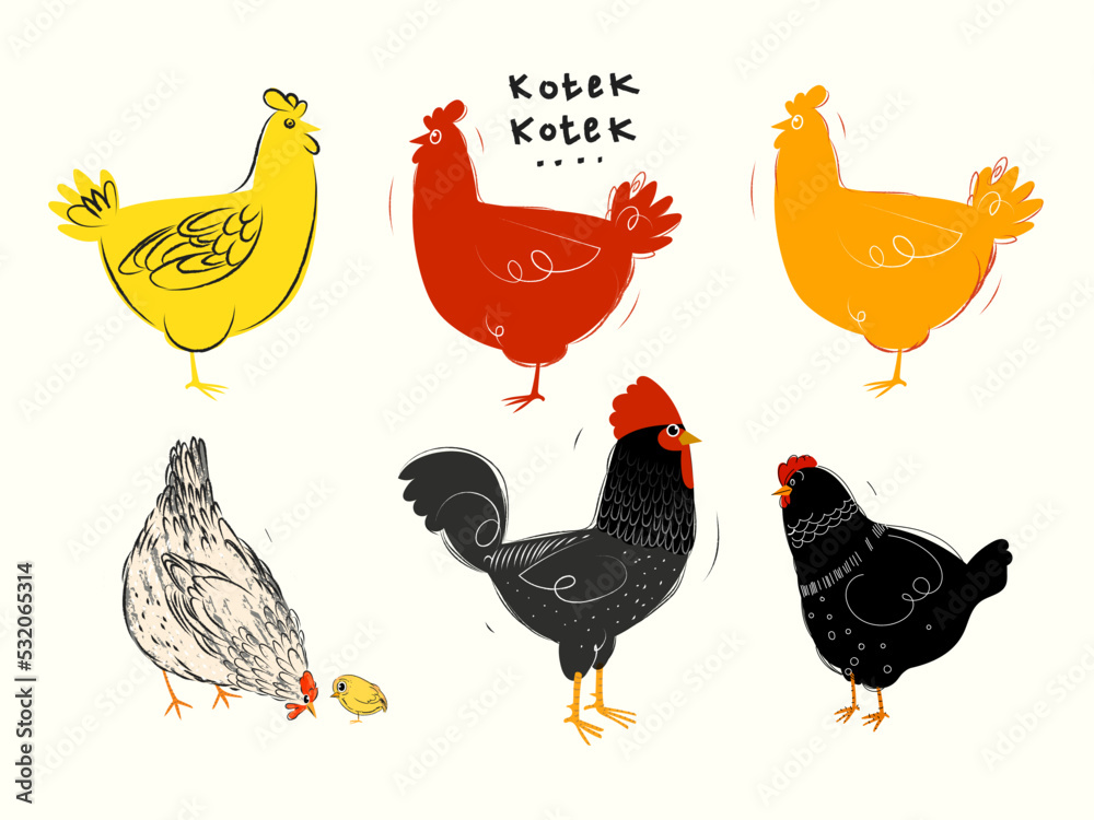 Fototapeta premium Set of chicken, rooster, hen, poultry farm animal icon character vector illustration.