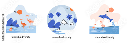 Biodiversity in nature as environment variety of life on Earth planet. Saving wildlife ecosystem metaphor. Protection and care of flora and fauna, eco friendly human activity, many biological species