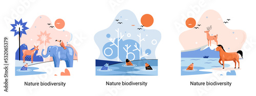 Biodiversity in nature as environment variety of life on Earth planet. Saving wildlife ecosystem metaphor. Protection and care of flora and fauna, eco friendly human activity, many biological species