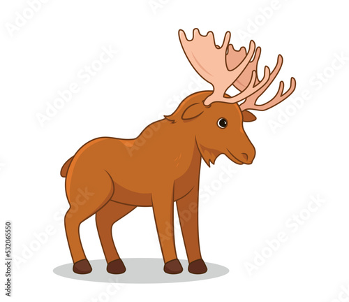 Cute forest animal concept. Sticker with taiga elk with big horns. Artiodactyl mammal. Design element for social media and print. Cartoon flat vector illustration isolated on white background