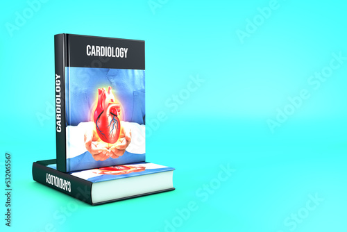 banner emerald green background. Cardiology book, didactic guide to medical topics, cardiology thematic guide, cardiology book presentation, scientific study of the heart, scientific research in cardi photo