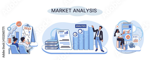 Market analysis metaphor marketing strategy development. Business research. Identify business determine solutions business problems solving. Marketer analyzes sales plan, doing an advertising campaign