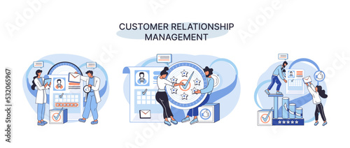 CRM metaphor. Customer Relationship Management. Application software for organizations automatisation of customer interaction strategies to increase sales, optimize marketing, improve customer service