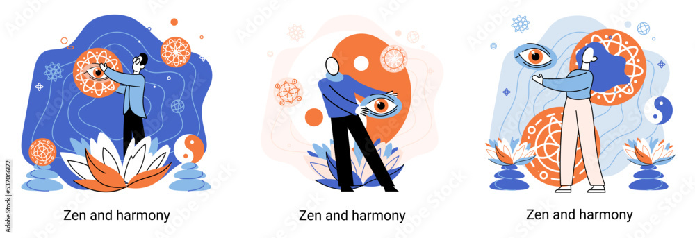 Zen and harmony metaphor, meditation practice. Balance, relaxation, mindfulness. Calm person relaxing. Yoga and spiritual practice, relax, recreation, healthy lifestyle. Japanese cult of mind and body