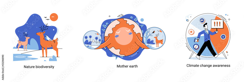 Change climate awareness, saving planet, World Environment Day, global warming ecological problems. Mother Earth day, nature biodiversity metaphor set. Care for surroundings eco concept Change climate awareness, saving planet, World Environment Day, global warming ecological problems. Mother Earth day, nature biodiversity metaphor set. Care for surroundings eco concept