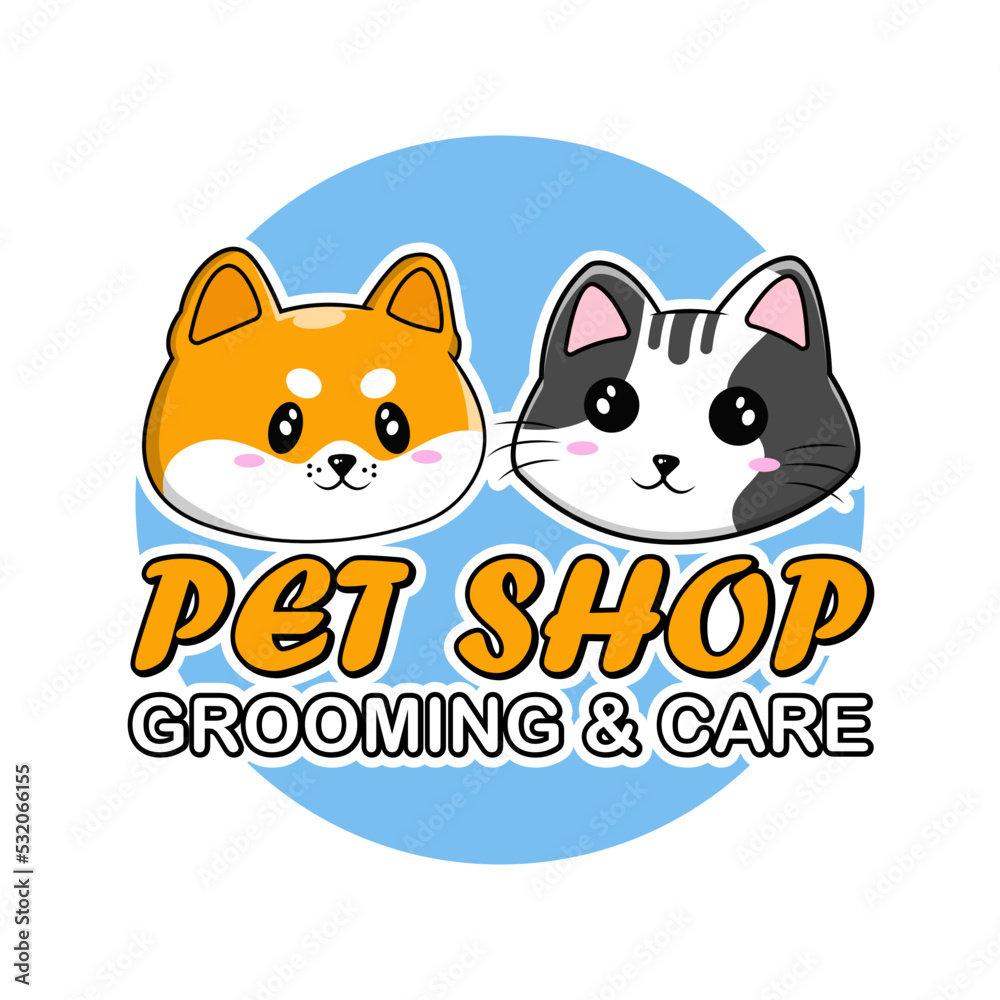 Obraz premium pet shop logo illustration cute cat and dog cartoon character mascot design illustration