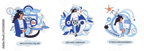 Meditation online. Self-management, self regulation learning, self-organization course, control over emotions metaphor Online yoga at home meditating. Deals with stress management, zen and harmony