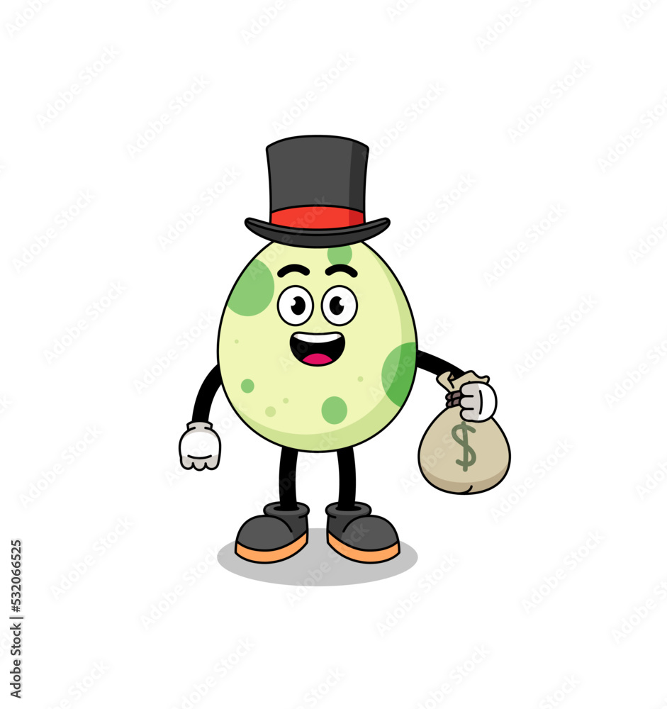 spotted egg mascot illustration rich man holding a money sack