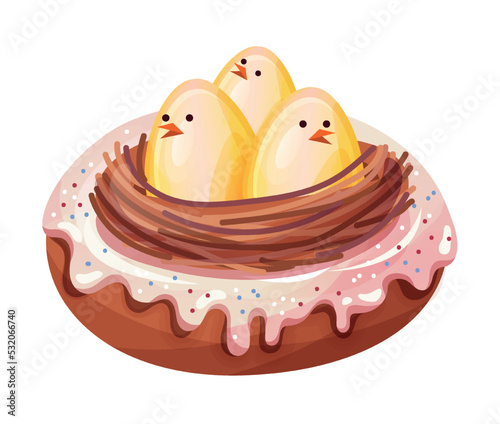 Happy Easter concept. Fresh pastry or sweet glazed donut decorated with nest and yellow chick eggs. Design element for postcard for traditional spring holiday. Cartoon realistic vector illustration