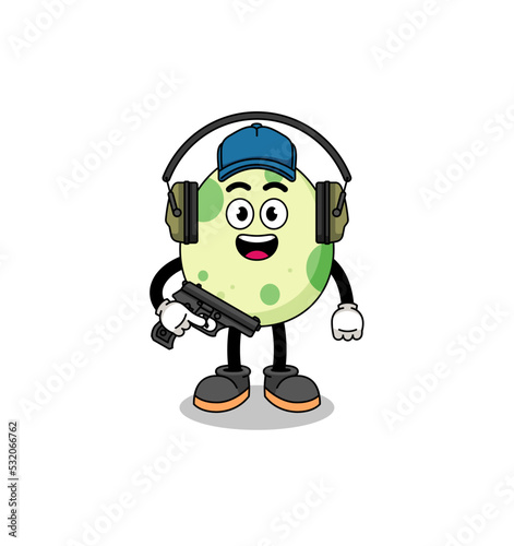 Character mascot of spotted egg doing shooting range