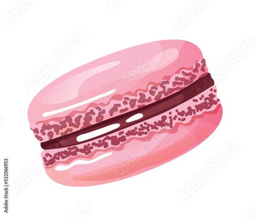 Happy Easter concept. Sticker with sweet dessert or macaron with icing and chocolate filling. Design element for social networks. Cartoon realistic vector illustration isolated on white background