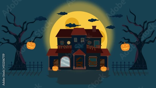 A haunted house with broken windows and doors