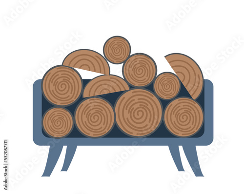 Stand with firewood. Sticker with metal woodpile or container for storing wood blocks for fireplace or hearth. Fuel for kindling fire. Cartoon flat vector illustration isolated on white background