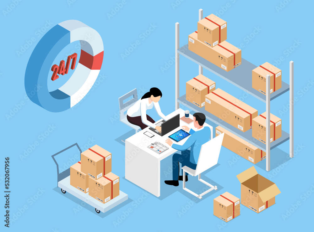 3D isometric Online delivery concept with a man and a woman decide the delivery addresses for packages in the warehouse. Vector illustration eps10