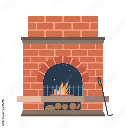 Fireplace and hearth design. Sticker with beautiful modern red stone fireplace, firewood, steel grate and poker. Home heating in winter. Cartoon flat vector illustration isolated on white background