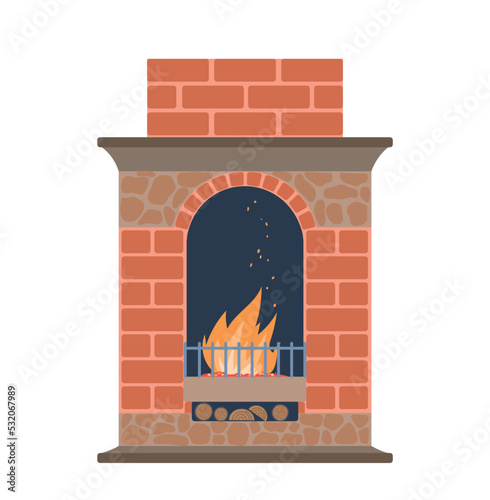 Fireplace and hearth design. Sticker with fireplace made of red bricks, stones and clay. Burning firewood. Comfort and warmth in house. Cartoon flat vector illustration isolated on white background